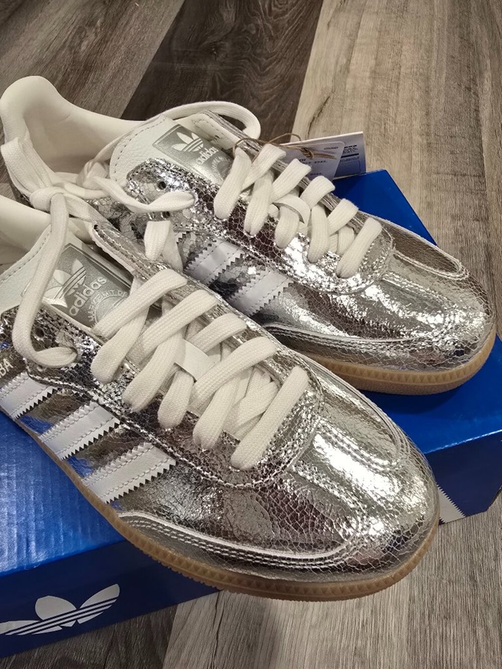 adidas Women's Silver Metallic Samba Sneakers with White Stripes